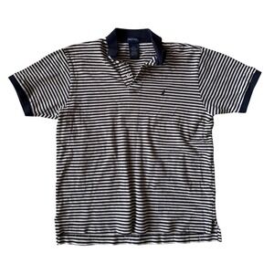 Nautica Mens Medium Polo Shirt Navy Blue Beige Striped Short Sleeve Cotton Pique